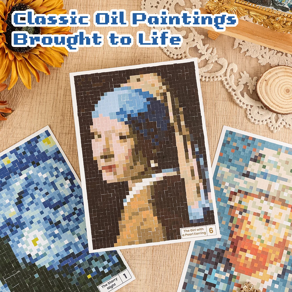 Retro Oil Painting Pixel Art Sticker Book 10 Patterns + 20 Sheets Color Block Mosaic Activity for Creative Gift Art Hobbyists view 4