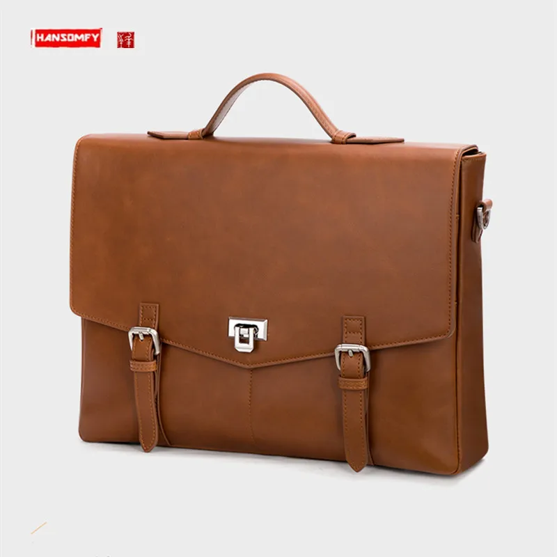 

Briefcase Men's Leather Handbags Business Casual Lawyer Computer Portable Official Vintage Shoulder Messenger Bag Large Capacity