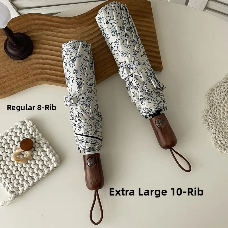 Retro Floral Automatic Umbrella Women's Sunscreen UV Protection Large Size Daily Use Four Seasons Handheld Parachute Umbrella