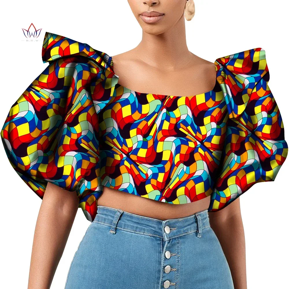 Dashiki African Shirt for Women  Riche Ankara Print Causal Shirts Tops Women African Clothing Puff Sleeve Short Shirt WY831