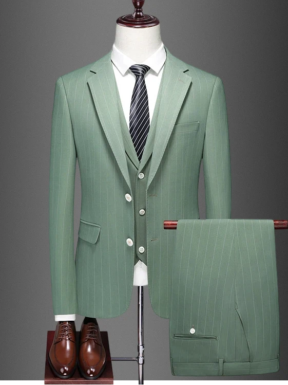 

Double Slit Slim Fit Men's Business Casual Striped Suit Three Piece Set Spring New Style Korean Version Large Size Polyester ...