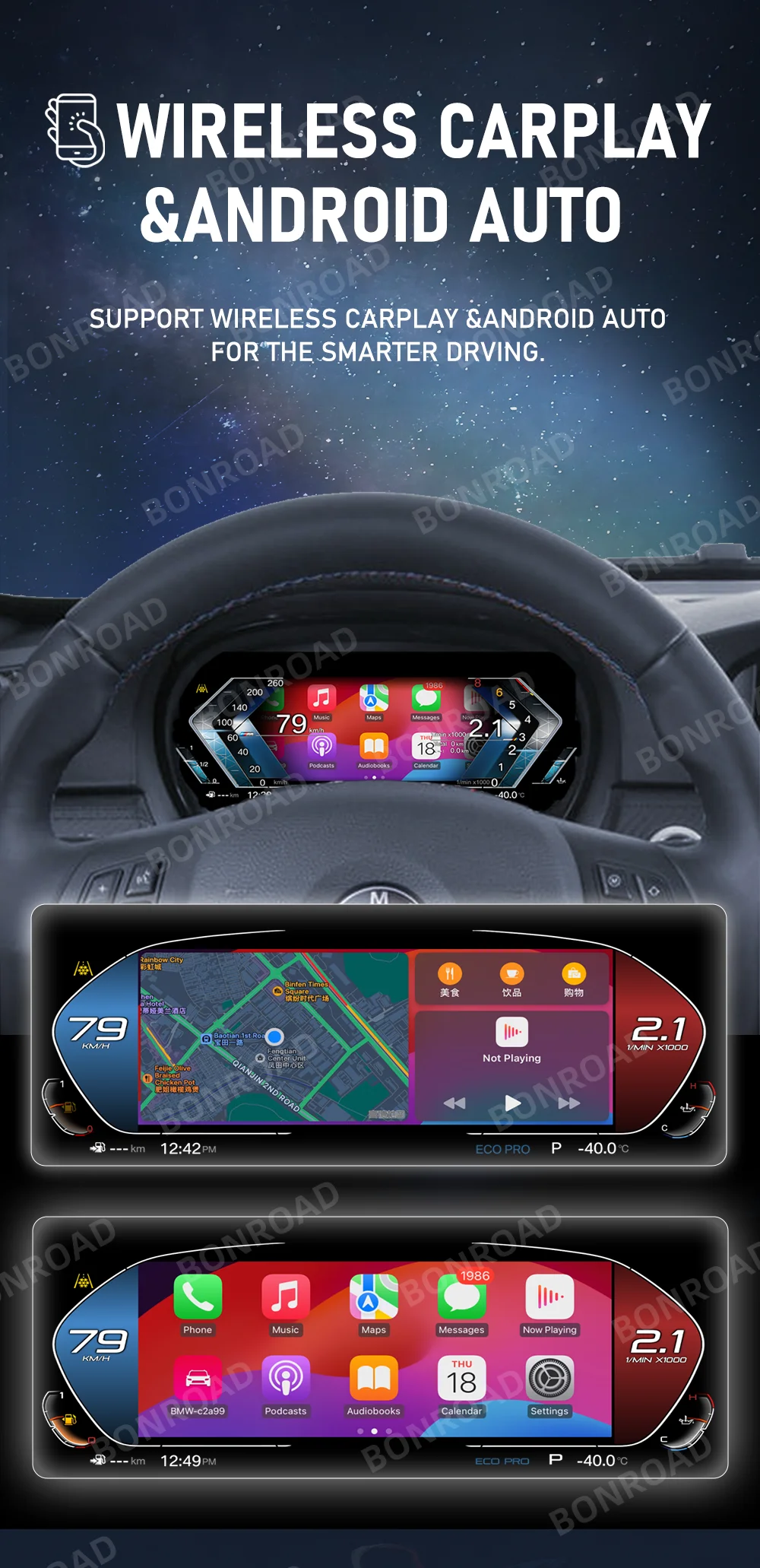 BONROAD 1920*720P Kabelloses CarPlay Android Auto Mirrorlink Airplay LCD Digitales Armaturenbrett für BMW 3er Serie E90 E91 E92 Auto-Instrumententafel Virtuelles Cockpit – Detail 2
