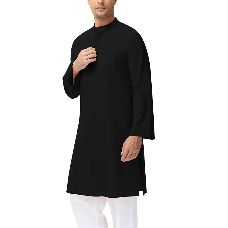 Cotton & Linen Indian Kurta robe men\'s robe long sleeved medium length shirt Arabic robe Middle East Saudi Muslim Robe