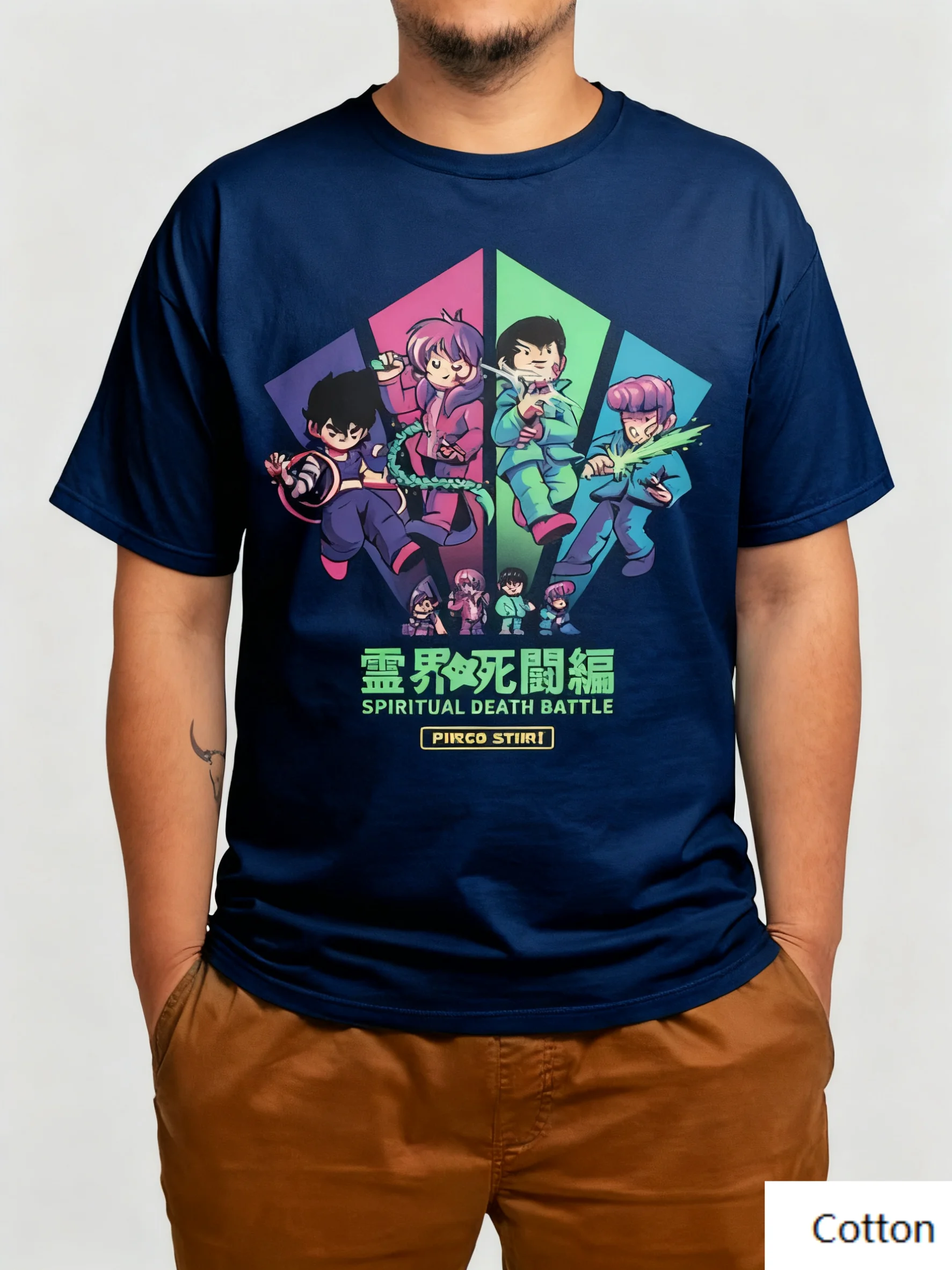 

Anime Battle - Themed Retro Cotton Crew Neck T Shirt Showcasing A Unique Design of Anime Characters, Japanese Text Tee S-4XL