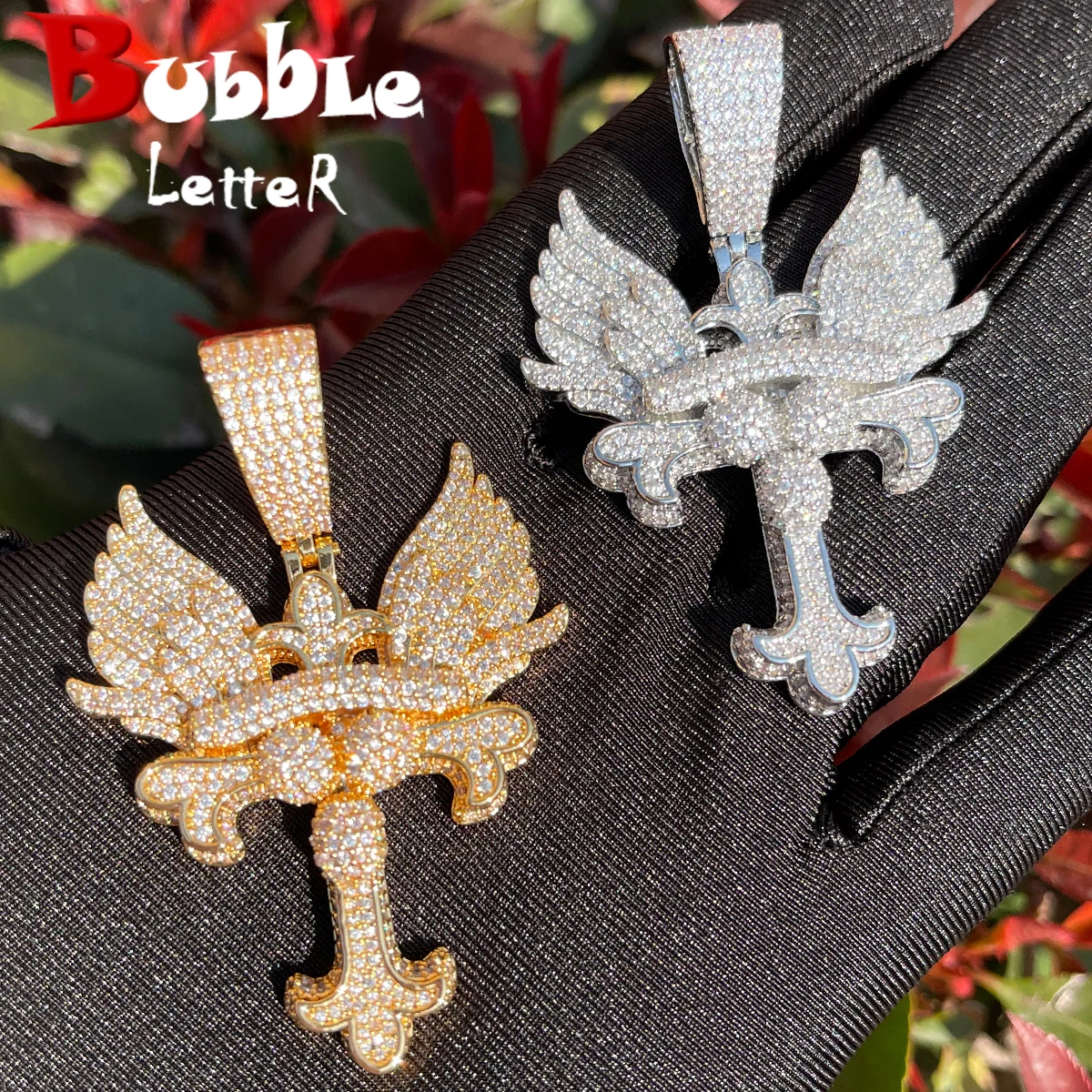 Bubble Letter Iced Out Pendant Prong Setting Wing Cross Necklace for Men Real Gold Plated Hip Hop Jewelry