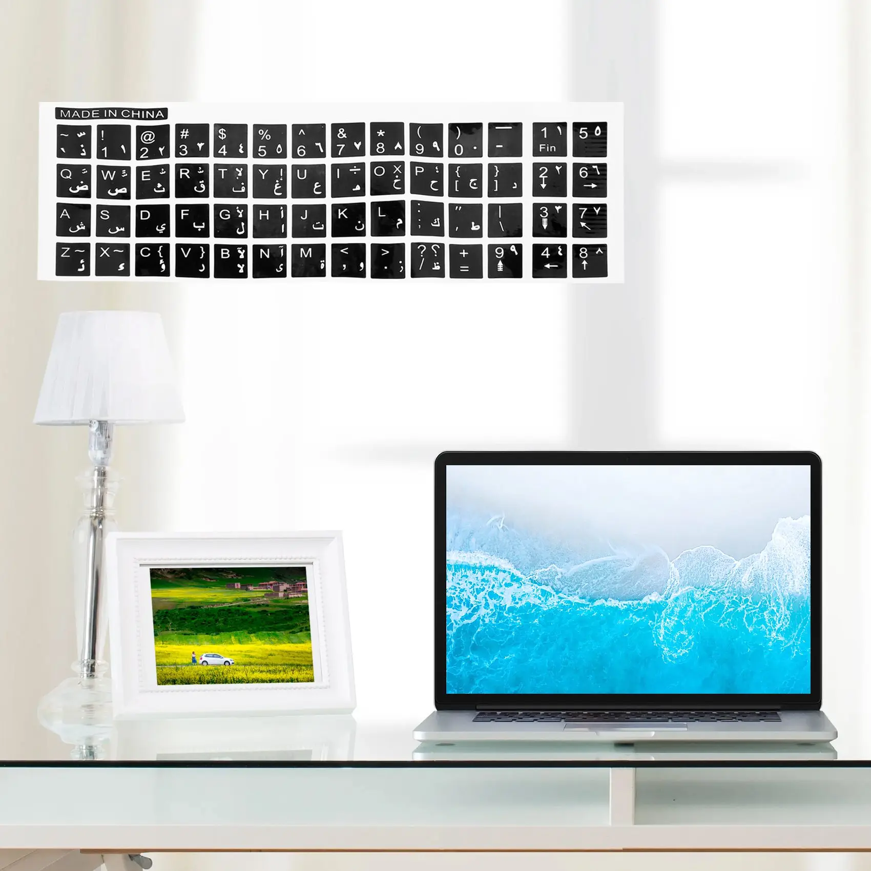 Autocollant de clavier anglais et arabe, lettres blanches, noir, pour ordinateur portable