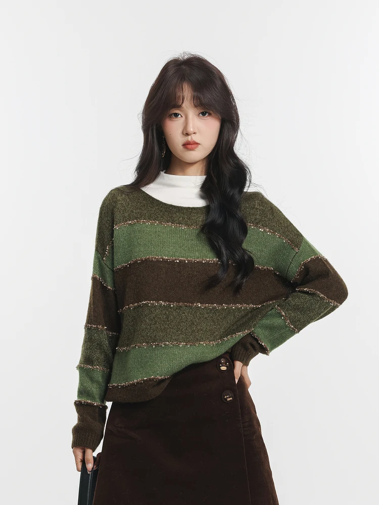 

Faionable Striped Color Blo Sweater 2025 Winter New Arrival Comfortable Knitted Long Sve round Ne Top for Women