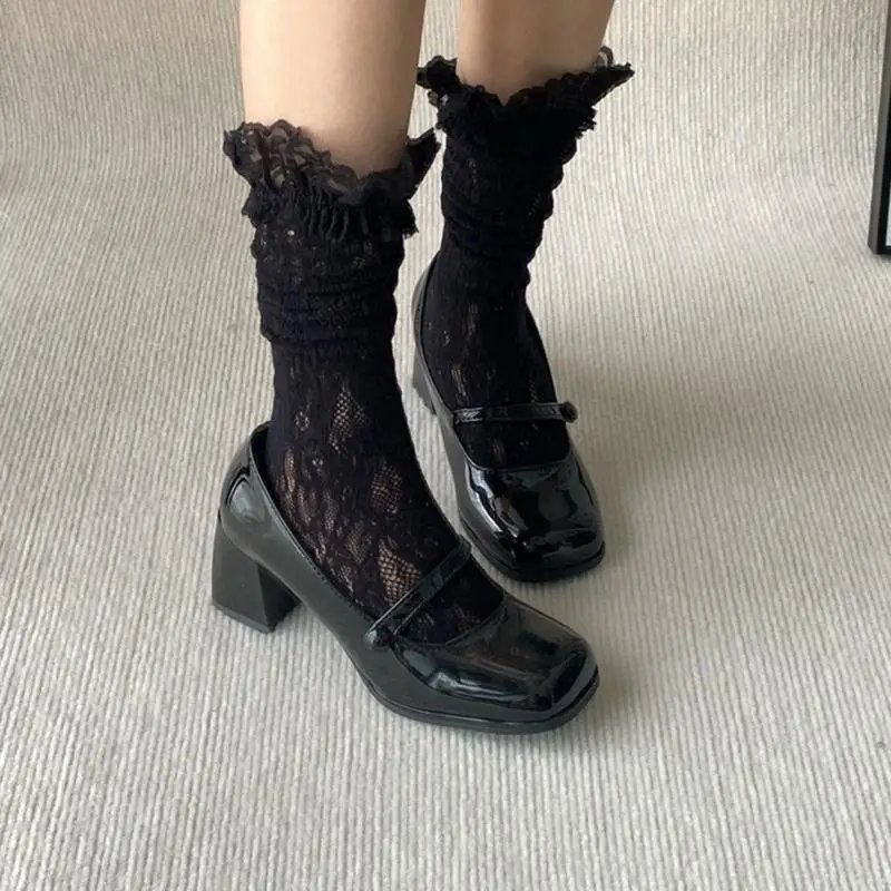 

Y3NE Japanese Over the Calf Long Socks for Women Girls Sweet Hollowed Out Flower Mesh Ruffle Lace Trim Knee Stockings