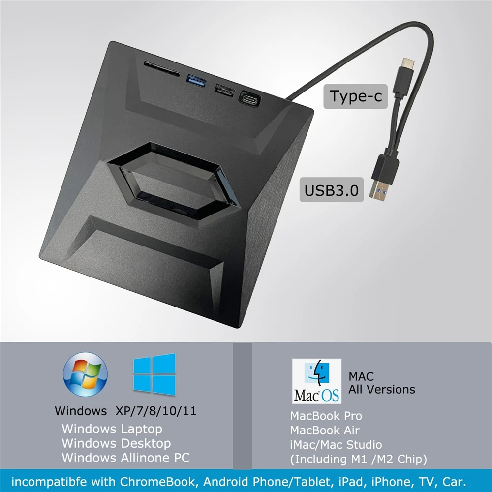 USB 3.0 Typ C Externes CD-DVD-Laufwerk mit USB HUB Typ-C SD-Kartenleser, CD DVD RW ROM Disk Player Brenner Leser Writer Adapter – Detail 13