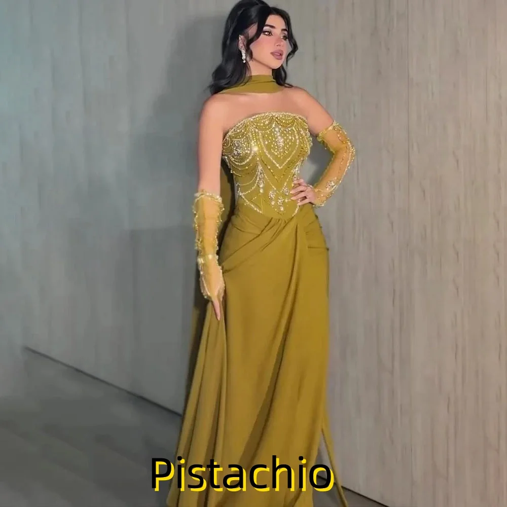 

Customized Exquisite Ruffles Women Prom Dress Strapless Charming Mermaid Zipper Party Dress Elegant Beading Women Evening Gown