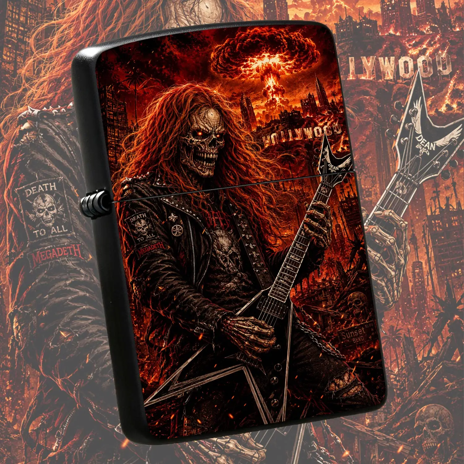 Hardcore Rock Skeleton Guitarist Themed Decor, Apocalyptic LA Nuclear Explosion Art Stylish Accessory, Cool Unique Portable Ornament, Vibe Boosting Desktop Decor, Ideal Gift Choice For Trendy Art A Humorous And Interesting Lighter