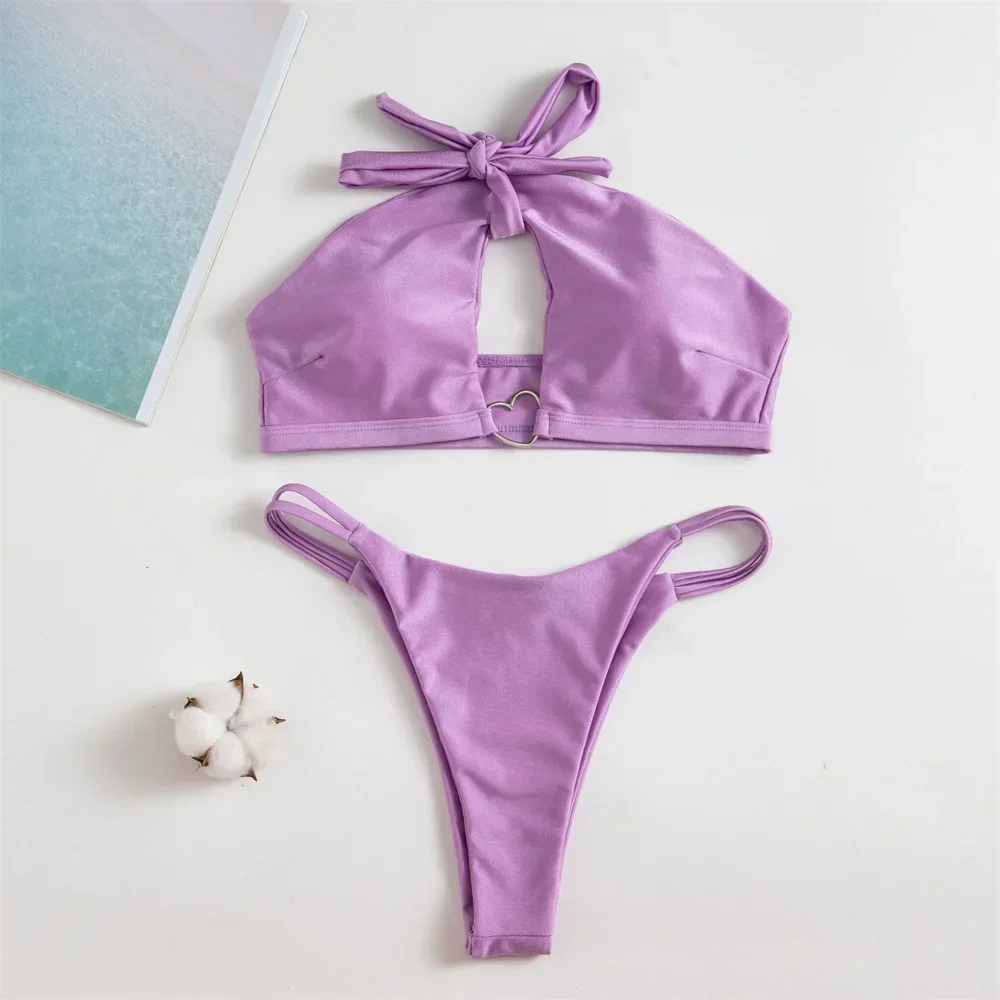 Halter Bandage Hollow Out Bikini Purple Y2K Push Up Bandeau Swimsuit Heart Ring Swimwear Women Beach Bathing Suit Bikinis Tangas