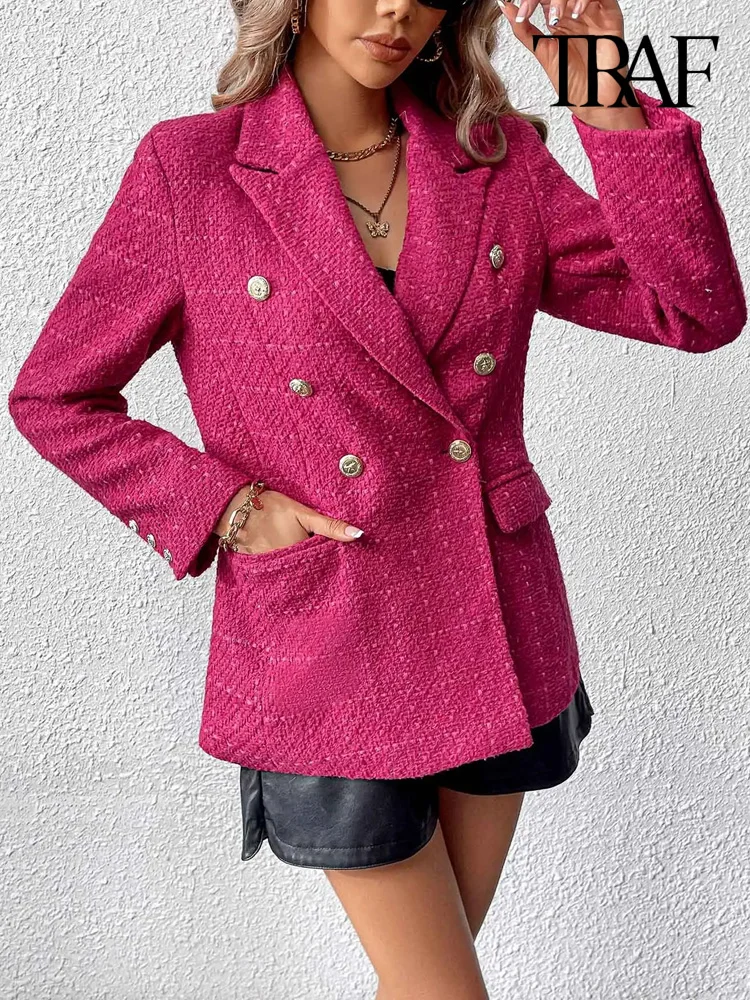 TRAF Women Fashion Double Breasted Tweed Blazer Coat Vintage Long Sleeve Flap Pockets Female Outerwear Chic Tops