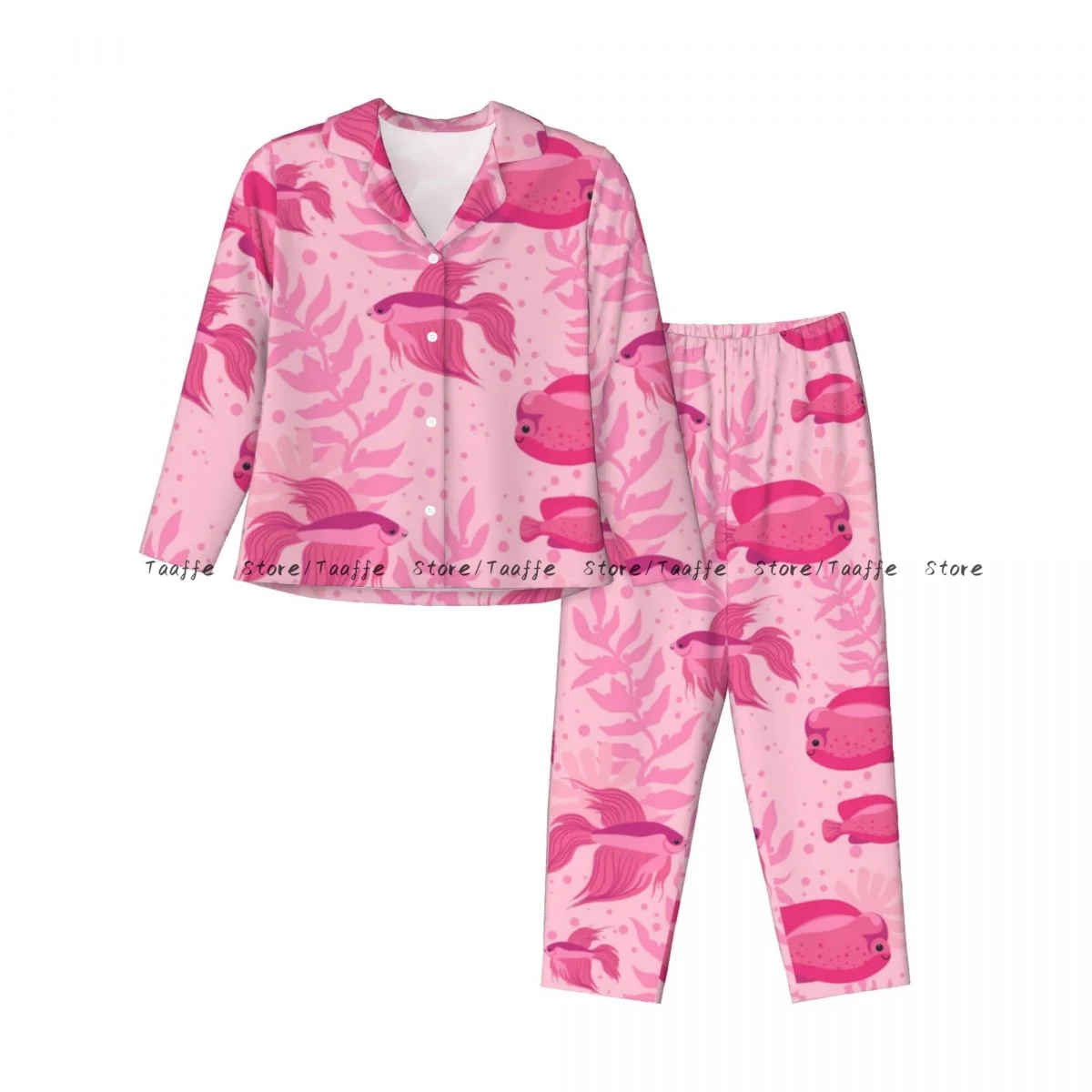 Goldfish And Exotic Fish Species Seaweed Womens Pajamas Loungewear Two-piece Sleepwear Button-Down Full Sleeve Long Pajamas Set