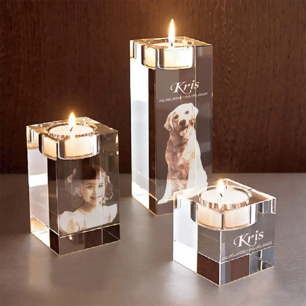 Personalized Customized 3D Photo Crystal Candle Holder Crystal Candlestick Pet Couple Commemorative Photos Decoration Gift