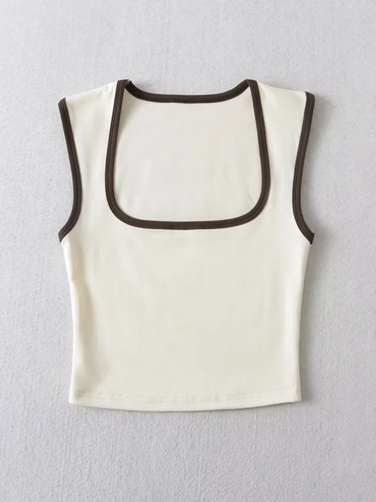 Woman Fashion Slim Solid Contrust Camis Casual Sleeveless Tanks Square Collar Crop Tops Clothing Streetwear Mujer 2024 Y2k image 5