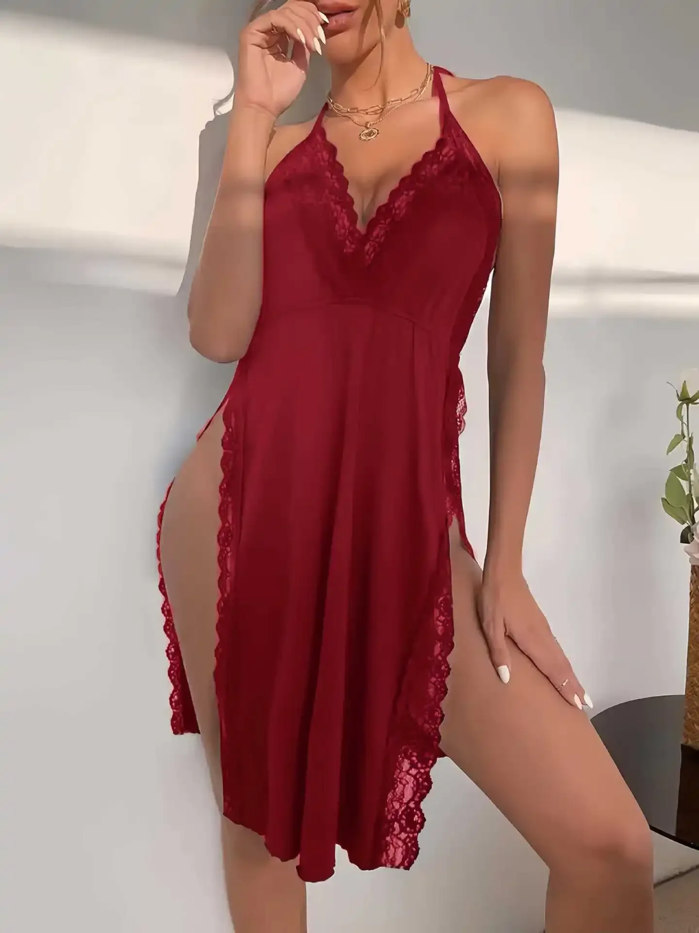 Nuevo camisón de mujer con tirantes para el cuello, vestido sin espalda con abertura, lencería de cintura alta, ropa de dormir con escote en V profundo, detalles de encaje y satén, ideal para usar en casa.