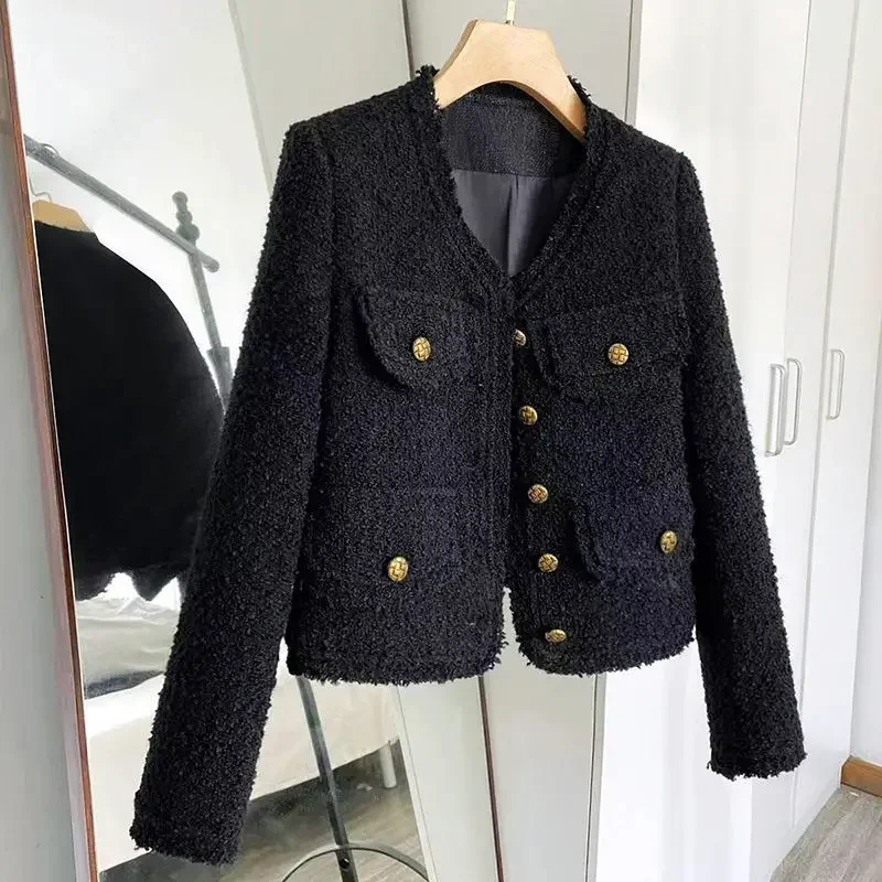 Blazer de Tweed de manga comprida feminino, casaco curto chique coreano, roupa preta para senhora do escritório, botão vintage, primavera, outono,