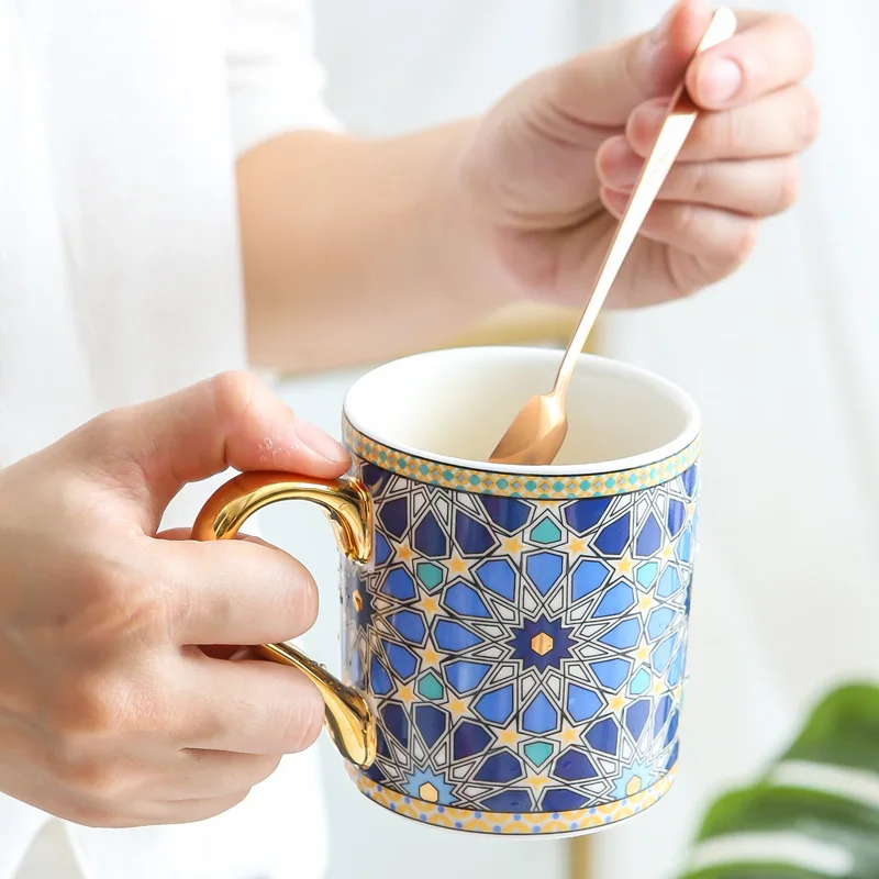 Coffee Mug with Gold Handle, Moroccan Style, Ceramic Tea Cup, Water Cup for Mom, Women, Girls, Wedding Gift, Vintage, 300ml