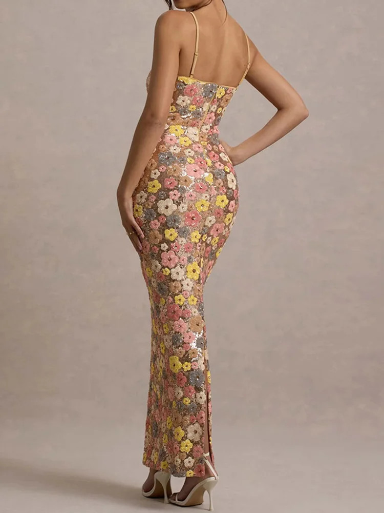 Robe de soirée Slim en Patchwork de fleurs et de paillettes pour femmes, robe Maxi d'été sans bretelles à la mode, robe Sexy sans manches pour dames, 2025