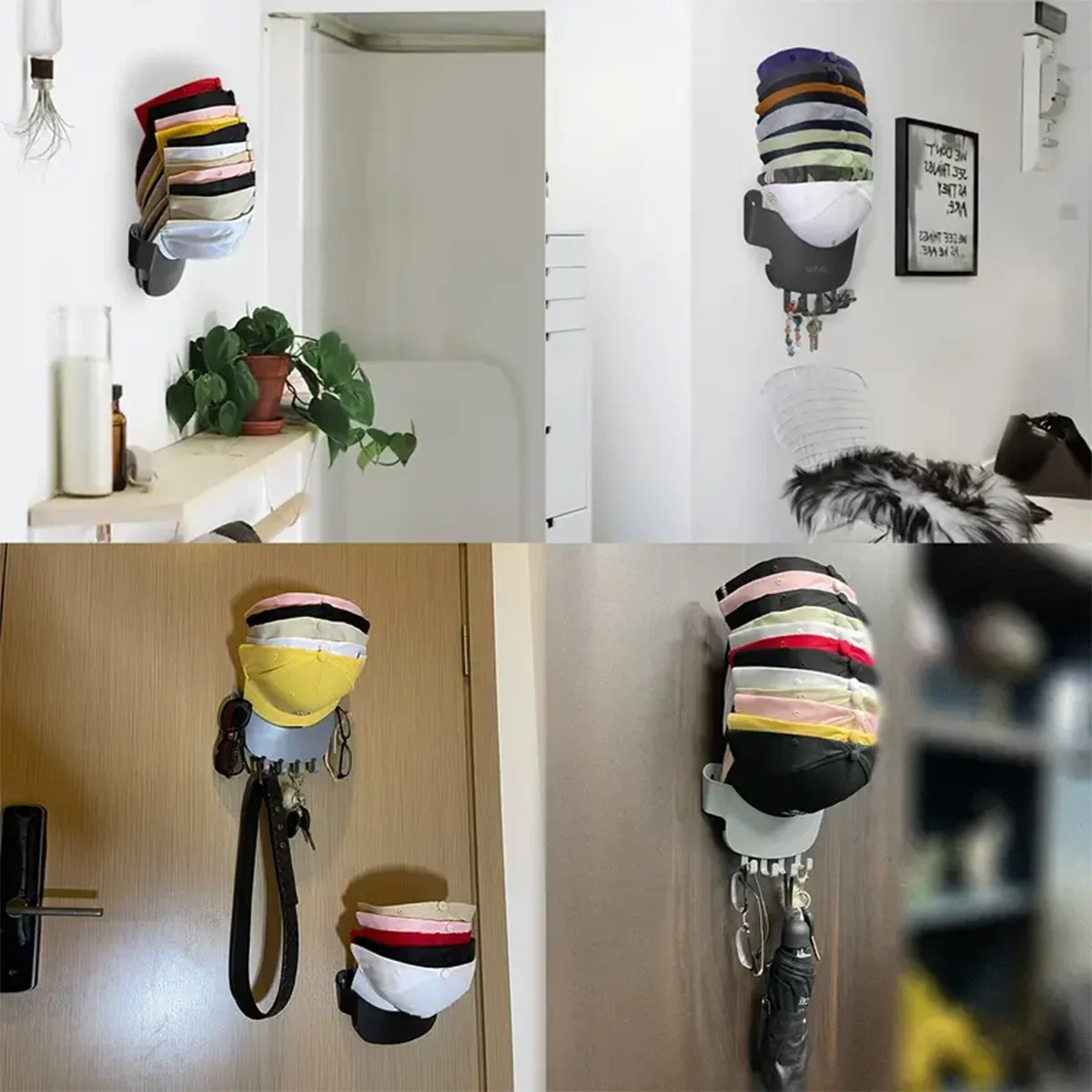 4-piece hat rack using PP plastic baseball cap storage rack with hooks for walls, doors, closets, offices, bedrooms (Black)