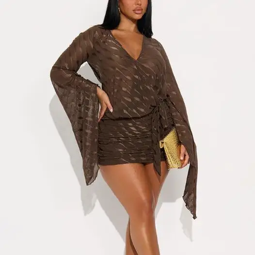 

2026 Spring/Summer New Women's Fashionable and Sexy Deep V-Wave Pattern Trumpet Sleeves Slimming Tight Dress