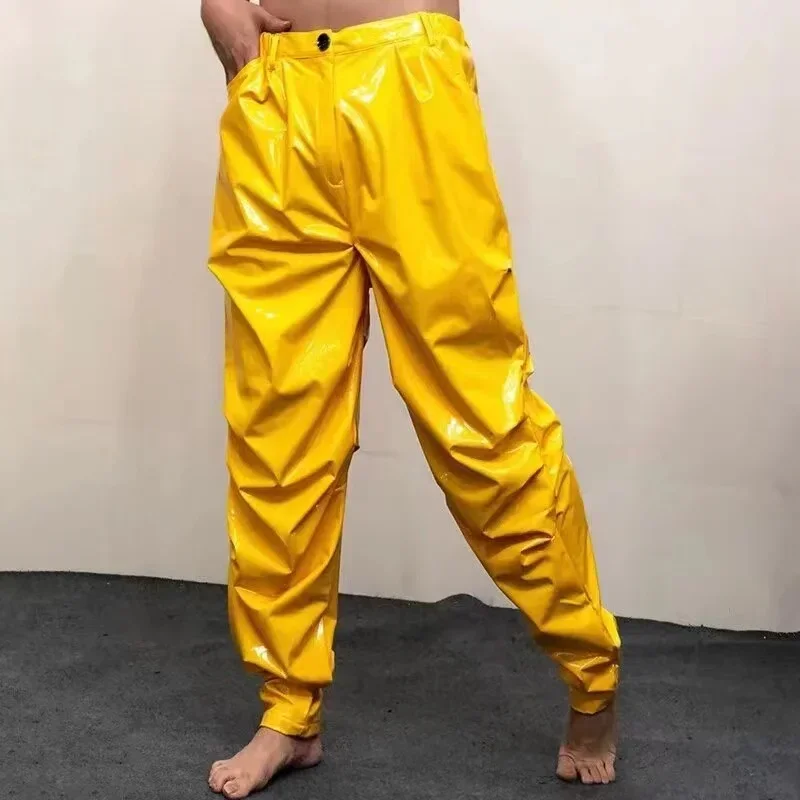 Men Mid Waist Shiny Faux Latex Leather Loose Hiphop Pants With Pocket Male Solid Color Stretch PVC Trousers Clubwear New Custom