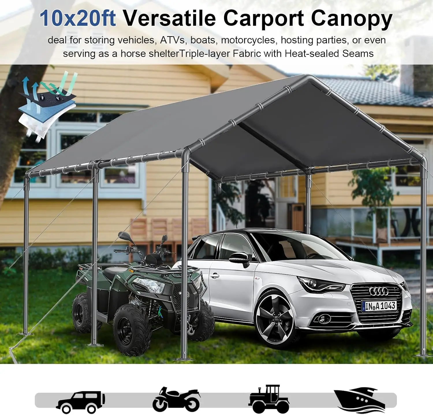 Outdoor Carport 10x20ft Heavy Duty Car Tent, Portable Garage Canopy Storage Shed, Car Shelter, All-Season Tarp Tent for Car