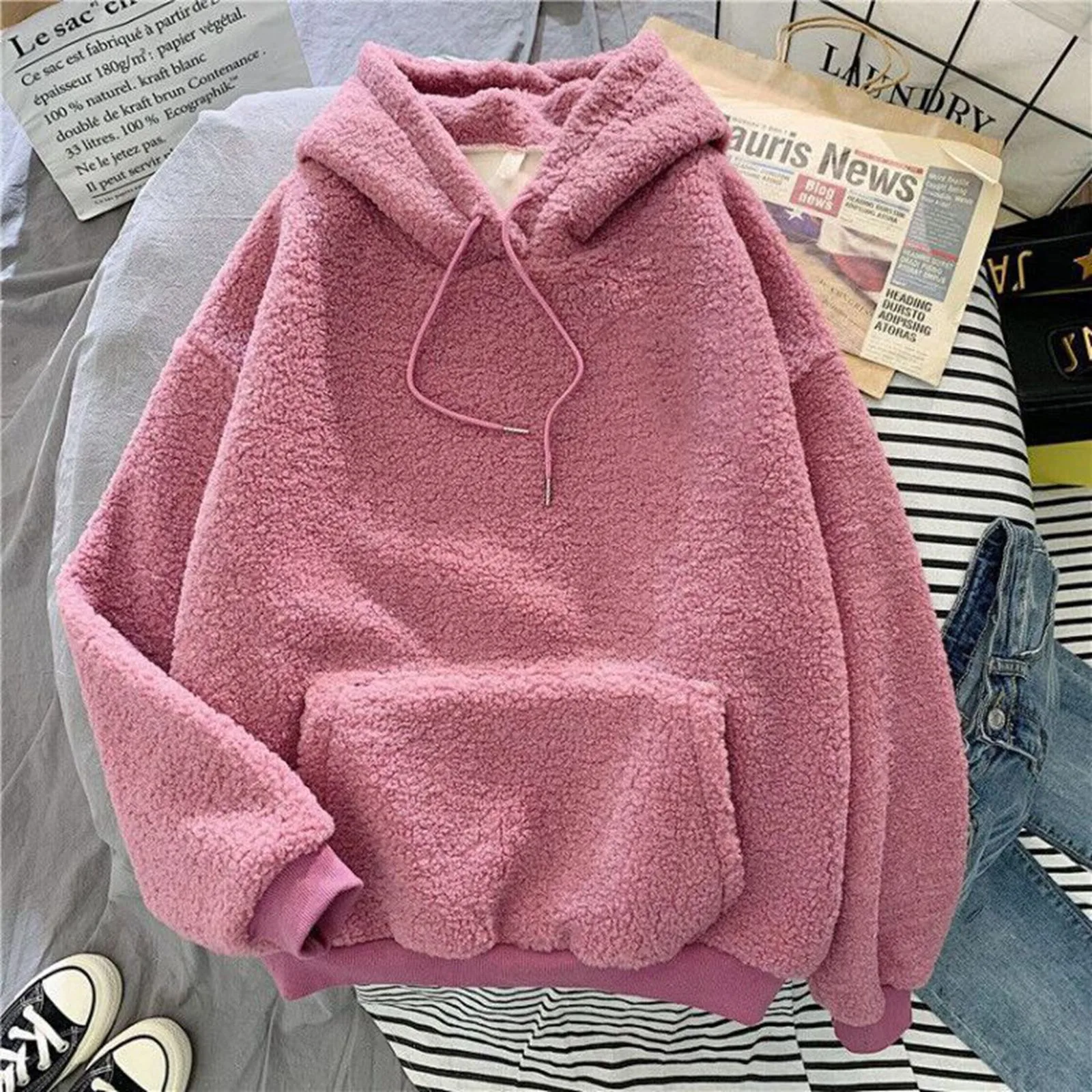 Autumn Winter Women Plush Hoodies Solid Color Oversized Hoodie Pocket Long Sleeve Fluffy Sweatshirt