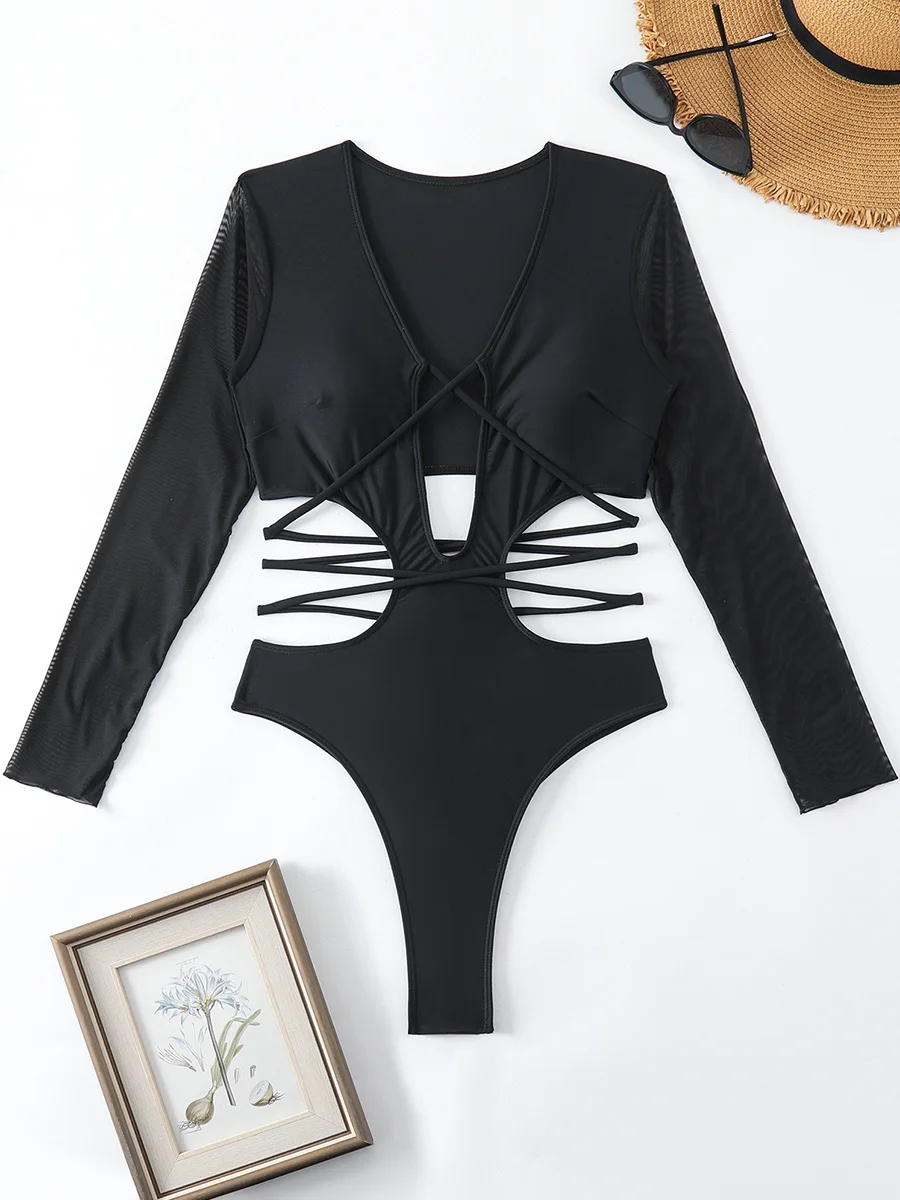 

Sexy High Cut Mesh Long Sleeve Female Swimwear One Piece Swimsuit Women Wrap Around Monokini Bather Bathing Suit Swim Bodysuit