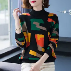 Commute Geometric Spliced Knitted Jumpers Female Clothing Vintage Screw Thread Autumn Winter Casual Half High Collar Sweaters