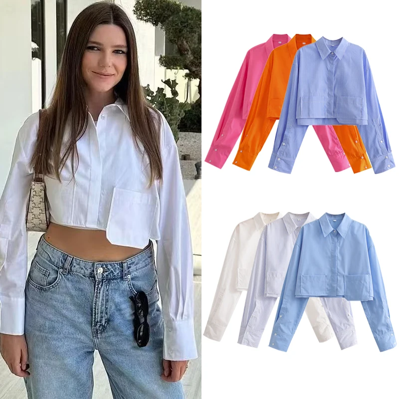 

Fashion Striped Women's Shirt 2023 Summer Chic Woman Blouse Long Sleeve Tops Ladies Short Pockets Shirts and Blouses