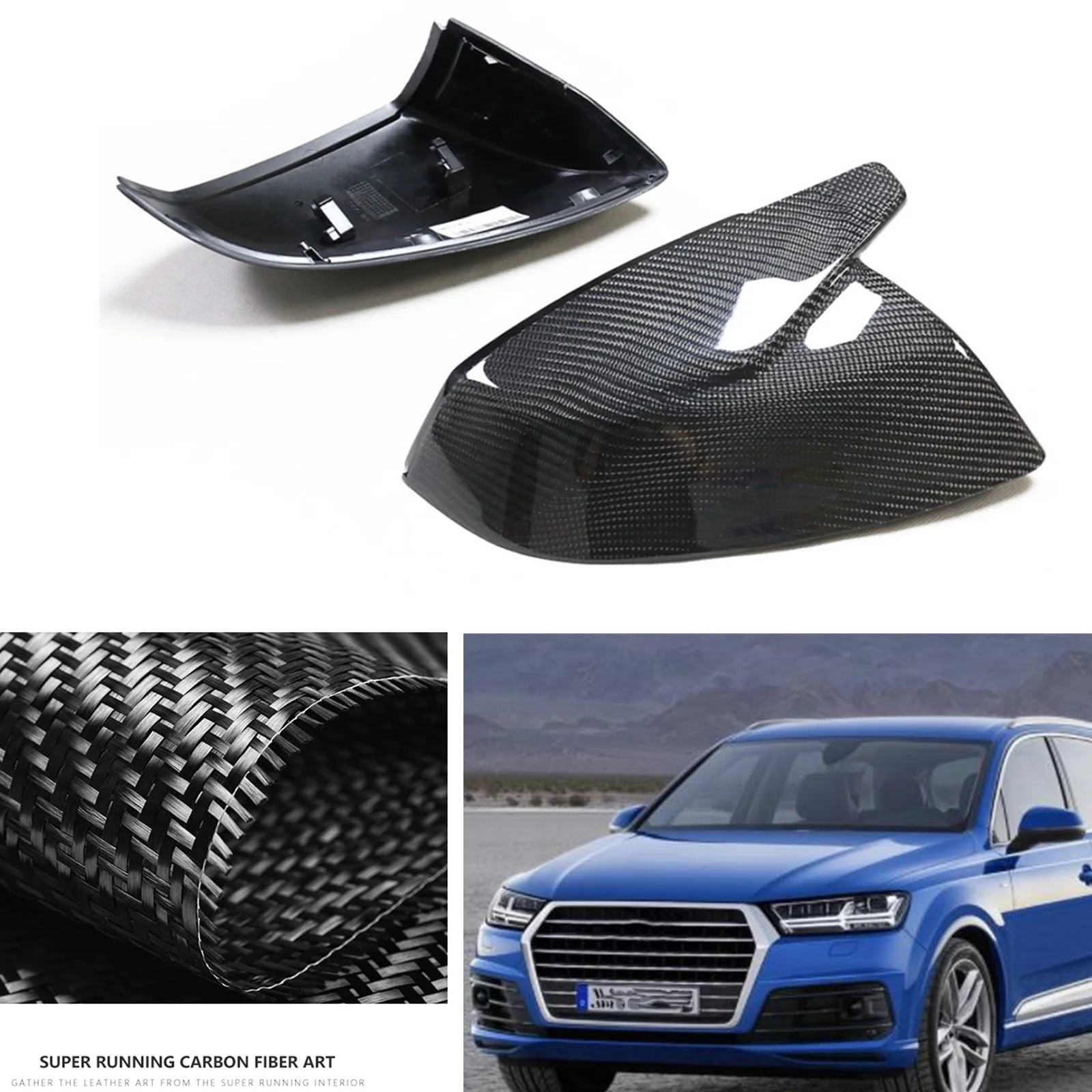 For Audi Q5 Q7 2017+ Carbon Fiber Mirror Cover Car Exterior Rear View Caps Rearview Reverse Case Shell Non Lane Assist Clip On