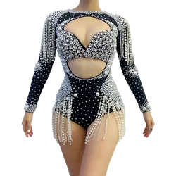 Sexy Hollow Out Rhinestones Bodysuit Pole Dance Costume Pearls Tassel Drag Queen Outfit Singer Performance Stage Wear VDB7731