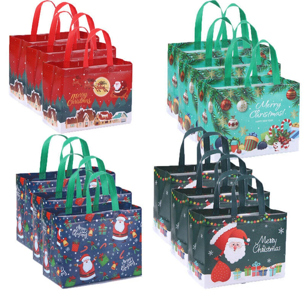 4/8/12PCS Christmas Gifts Bags With Handles Non-wove Christmas Tote Bags Treat Bag Gifts Wrapping Shopping Xmas Party Decor