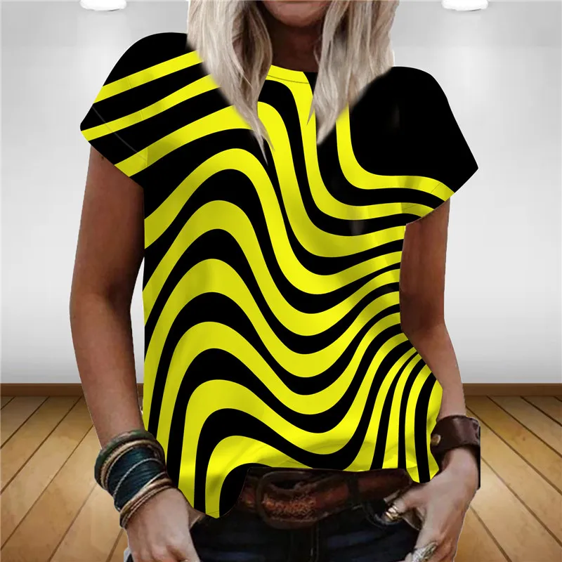 Women Summer Fashion Striped Theme T-Shirts Tops Female 3D Print Round Neck Simple T Shirt Rainbow 3D Casual Oversized Tees