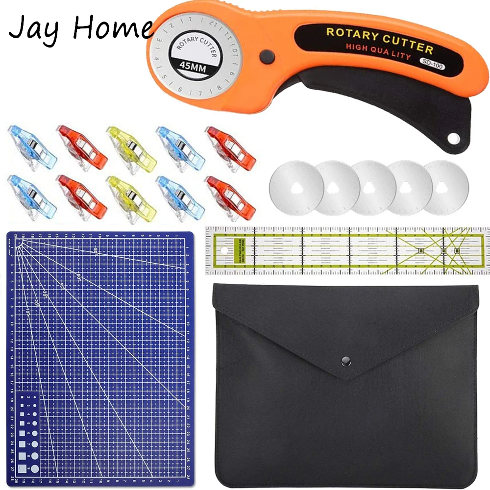 

19PCS Rotary Cutter Set Quilting Kit 45mm Fabric Cutters with 5 Extra Blades A4 Cutting Mat Acrylic Ruler Clips Bags for Craft