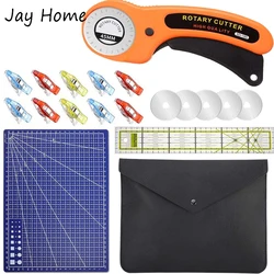 19PCS Rotary Cutter Set Quilting Kit 45mm Fabric Cutters with 5 Extra Blades A4 Cutting Mat Acrylic Ruler Clips Bags for Craft