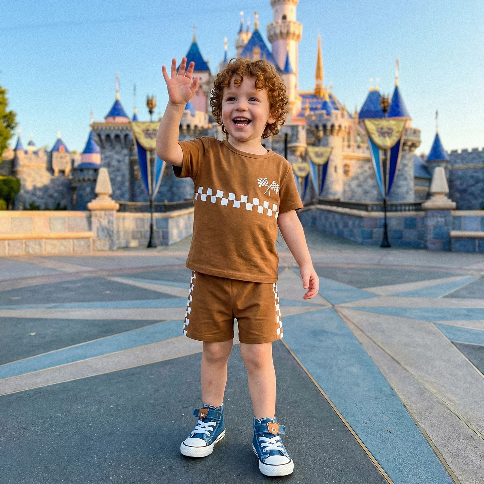 Toddler Boys Summer Outfits Checkerboard Print Crew Neck Short Sleeve T-Shirts Elastic Waist Shorts 2Pcs Clothes Set