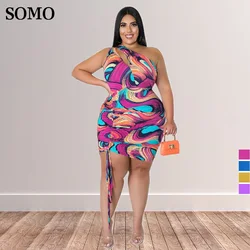 Ombro único oco para fora mini vestido para mulheres, cordão plissado, sexy, plus size, moda, impresso, Dropshipping, atacado