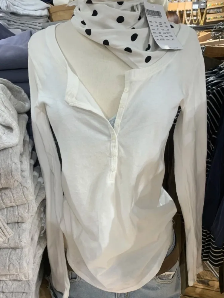 

White Lightweight Long Sleeve Tees Women New Casual Loose Cotton O-neck Buttons Tee Tshirt Sweet Chic Streetwear T-shirts y2k