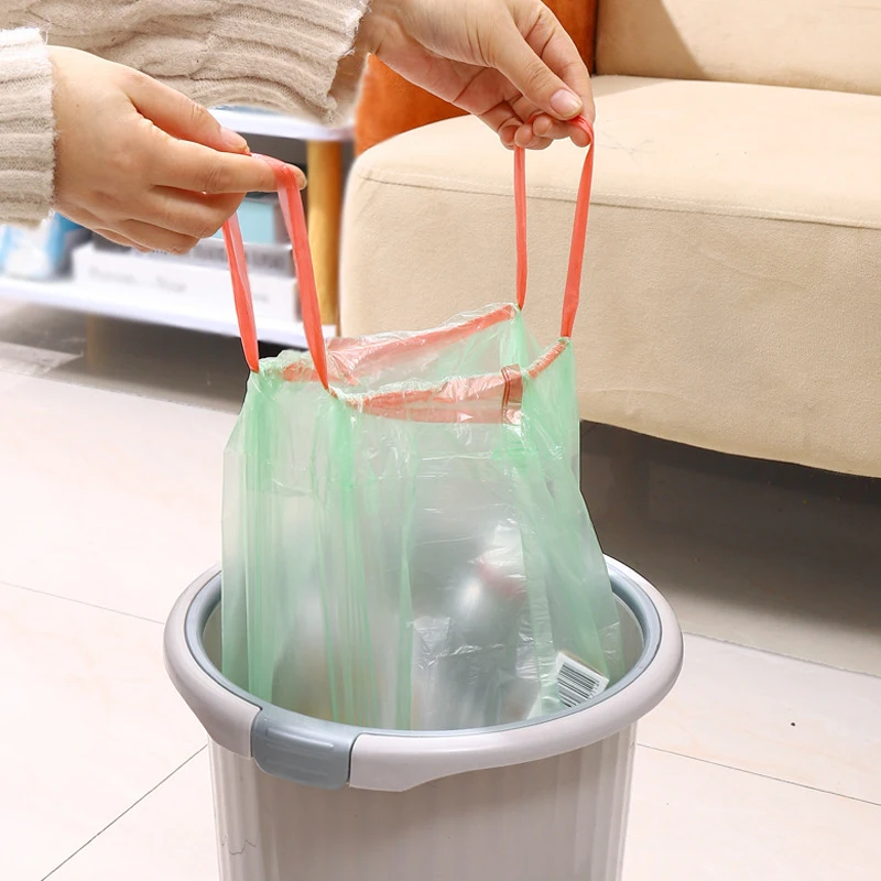 Automatic Closing Drawstring Garbage Bag Household Kitchen Portable Thickened Disposable Black Large Affordable Plastic Bag