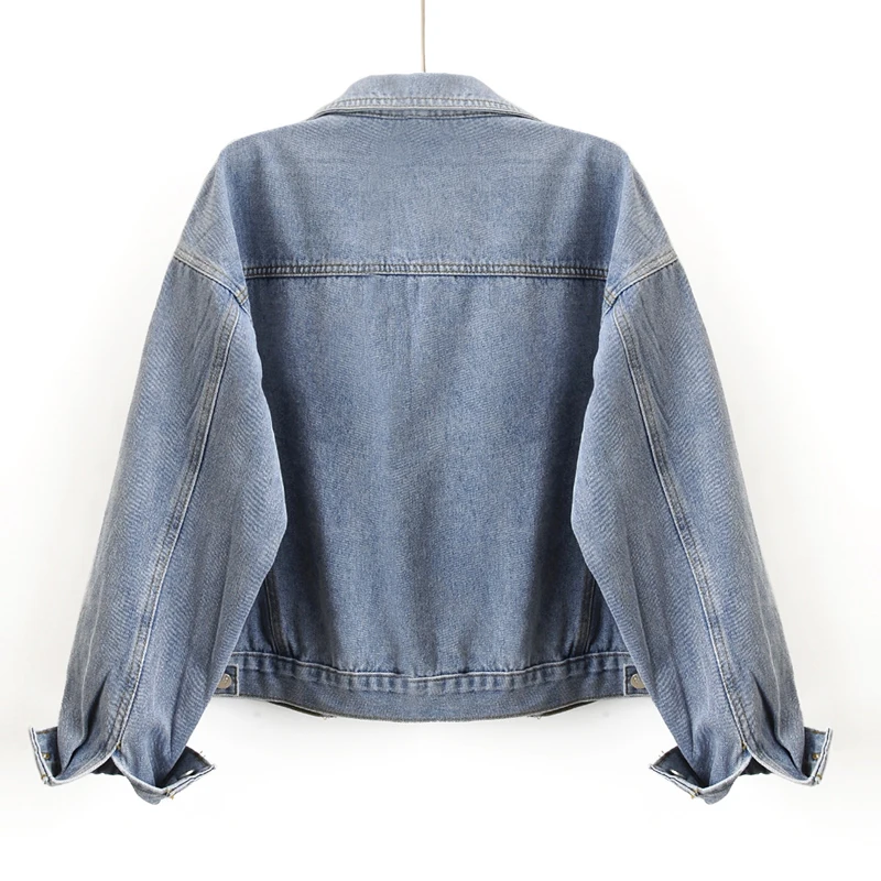 Frühling Vintage Hellblau Denim Jacke Frauen Lose Kurze Casual Cowboy Oberbekleidung Langarm Große Tasche Jeans Jacke Mantel Weibliche