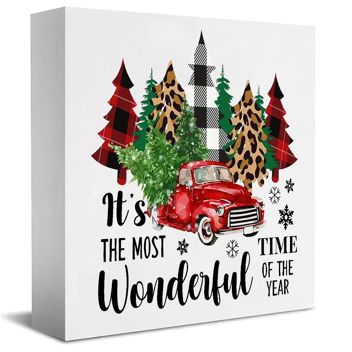 1pc Festive wood Desk Block Sign - Red Truck & Christmas Tree Design, No Electricity Needed, Featherless, Versatile Holiday