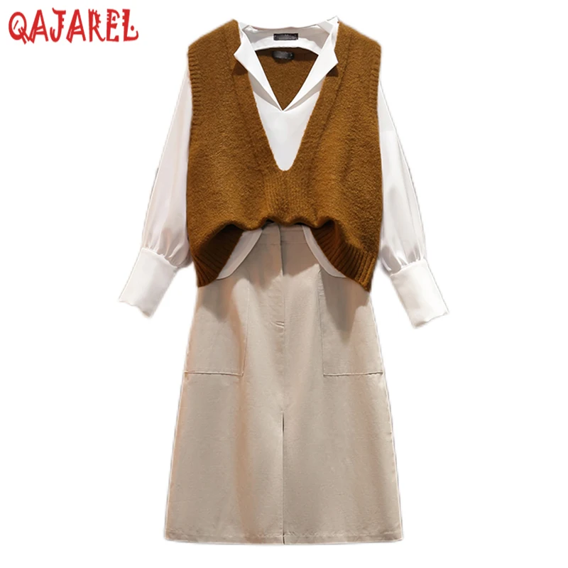 

2023 Women Korean Elegant Three Piece Sets Spring Autumn White Long Sleeve Blouses+Knitted Cotton Vest+Half Lenth Skirts Sets