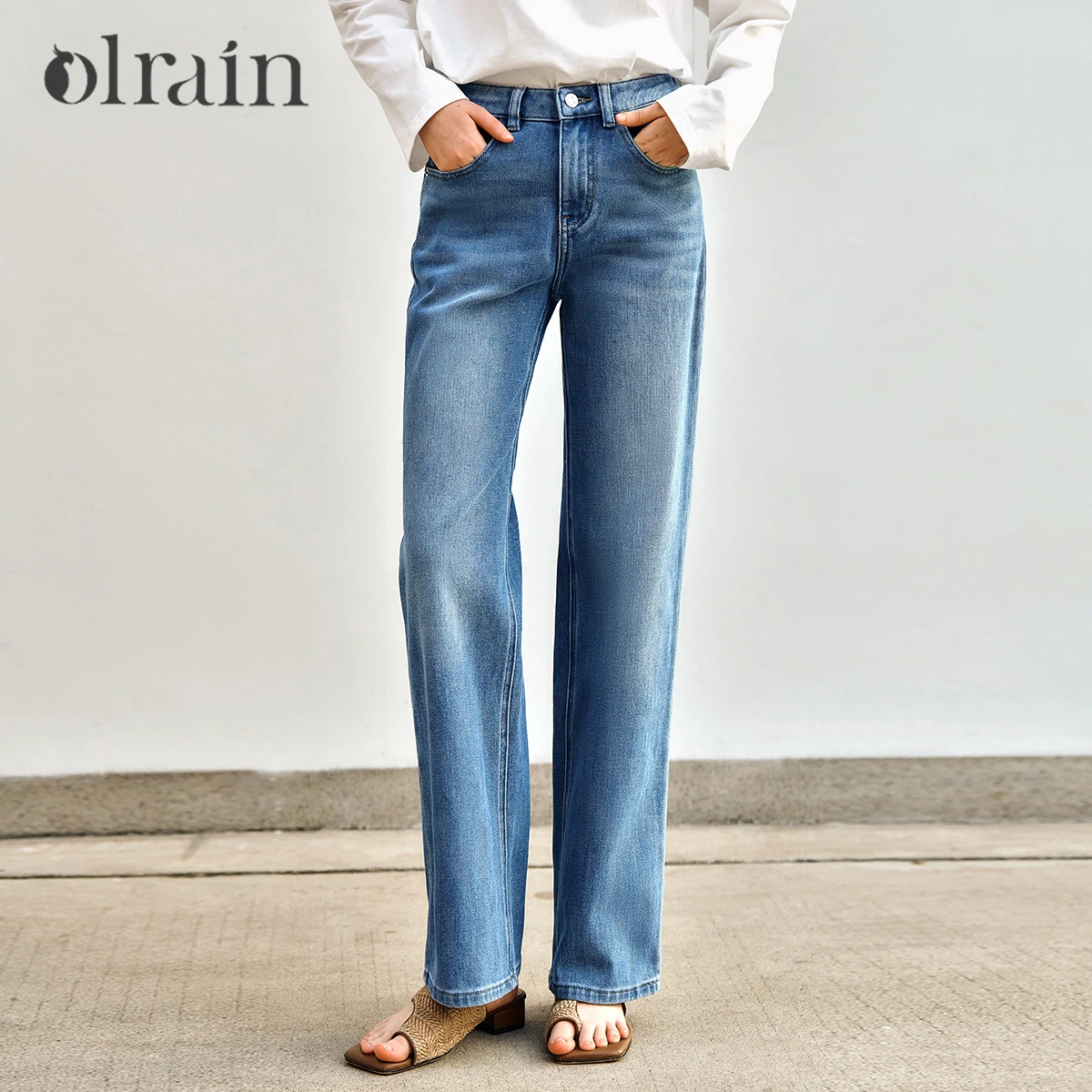

OLrain Ретро синие джинсы женские 2023 осень однотонные прямые брюки хлопковая эластичная офисная одежда женские брюки элегантные N57CA96155