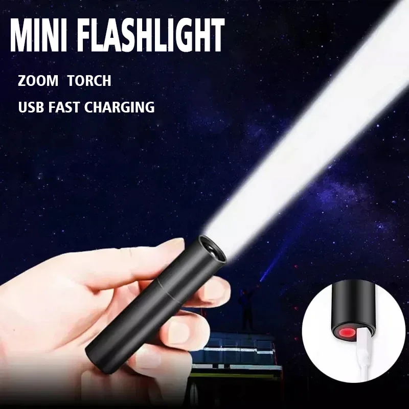 Mini Portable LED Flashlight USB Rechargeable Pocket Light Built-in Battery Zoomable Camping Searching Lantern