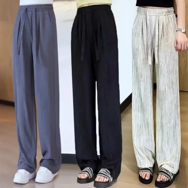 Eisseidenhose mit weitem Bein, lässig, dünn, für den Sommer, kühle Hose, hohe Taille, neun Punkte, koreanischer Stil, Polyesterfaser – Detail 3