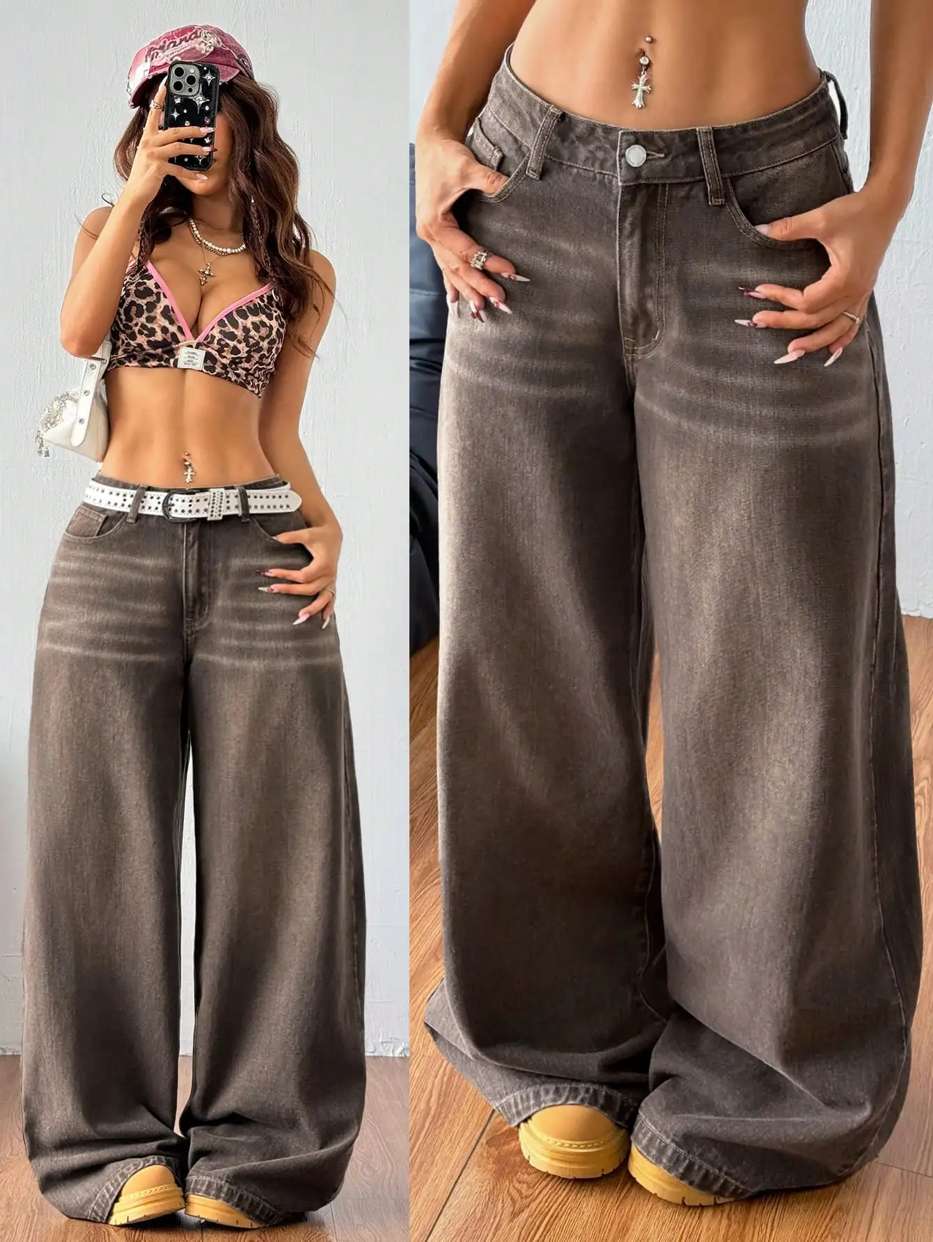 

Женские джинсы с высокой талией и широкими штанинами, свободные расклешенные джинсовые брюки с карманами, повседневный уличный стиль