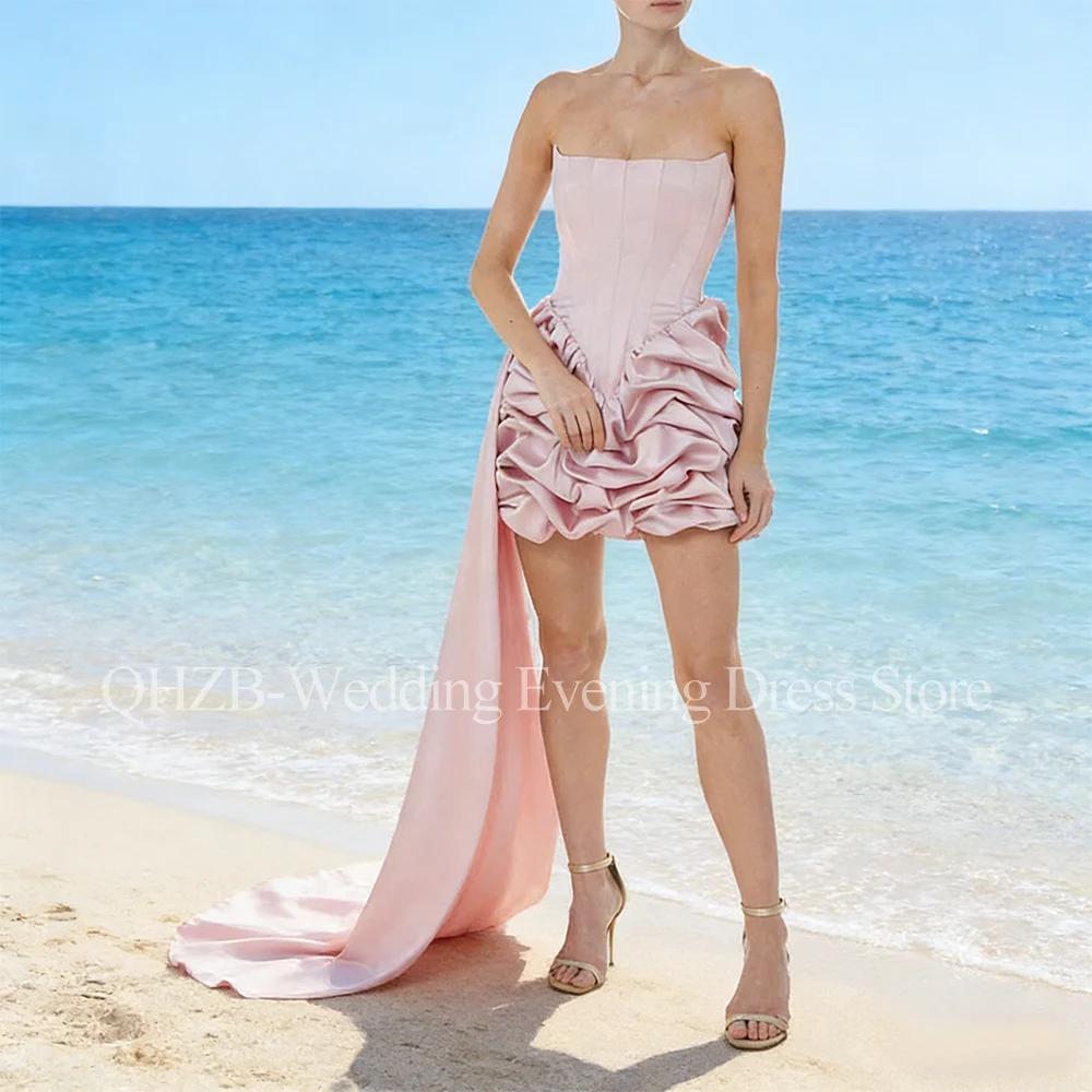ชุดเดรสสั้นสีชมพูหรูหราสำหรับงานพิเศษ ผ้าซาติน สายเดี่ยว เปิดหลัง สำหรับผู้หญิง งานวันเกิด งานพรอม งานราตรี ปี 2026